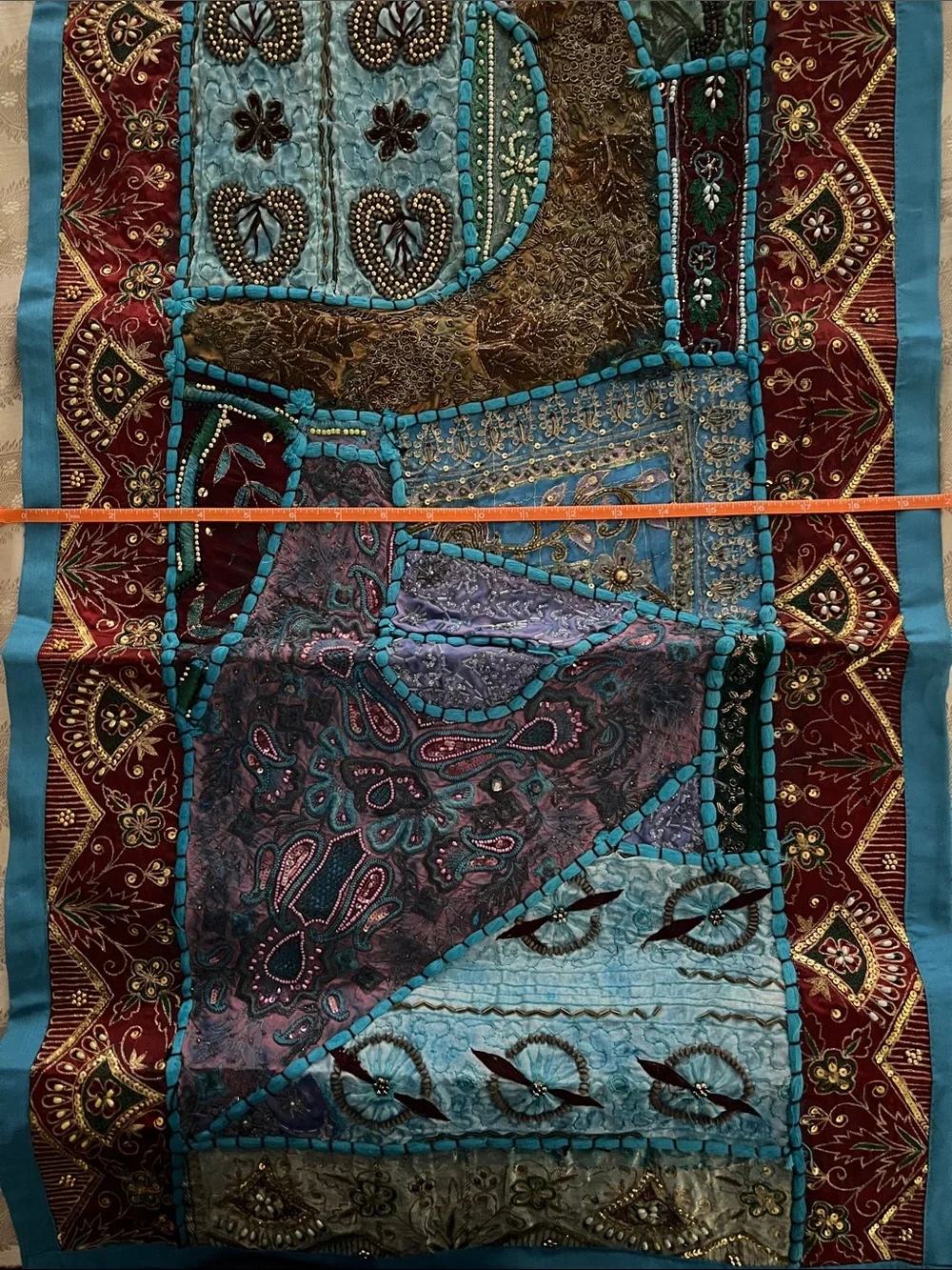 Handcrafted Blue & Burgundy Patchwork Wall Tapestry - Artisan Home Wall Decor